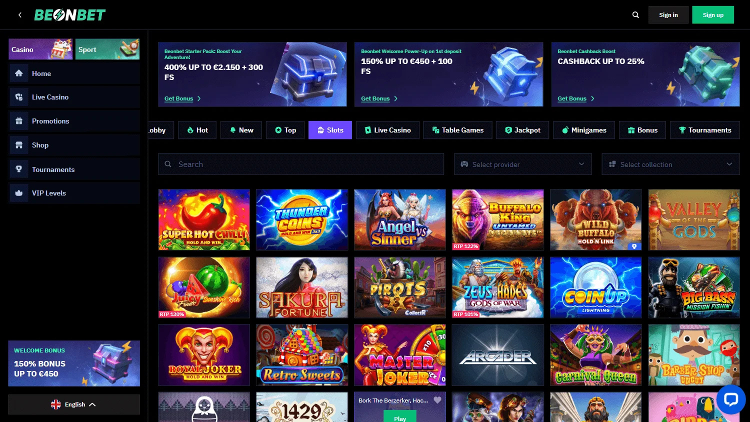 Beonbet Casino games area on desktop