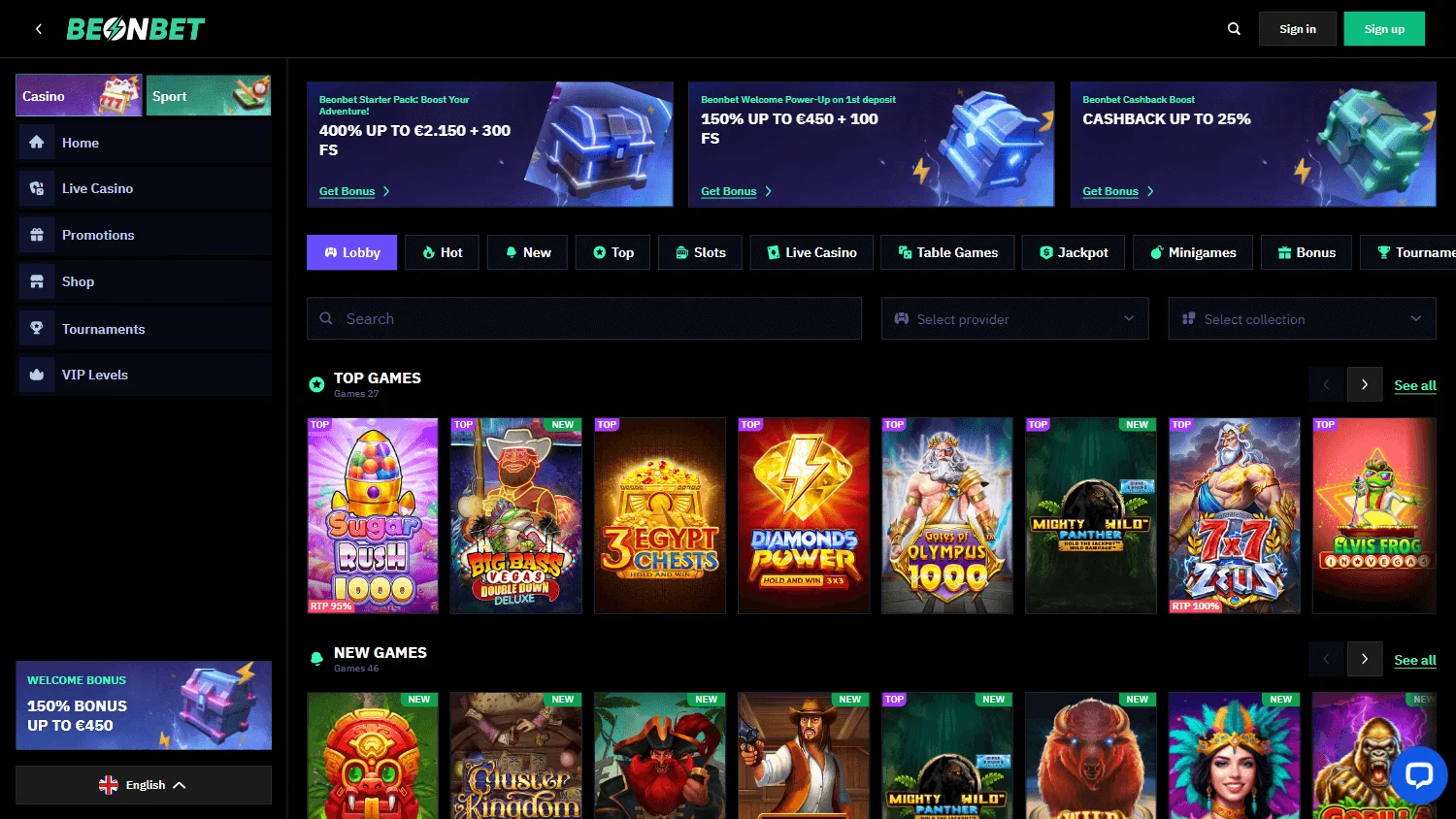 Beonbet Casino home area on desktop