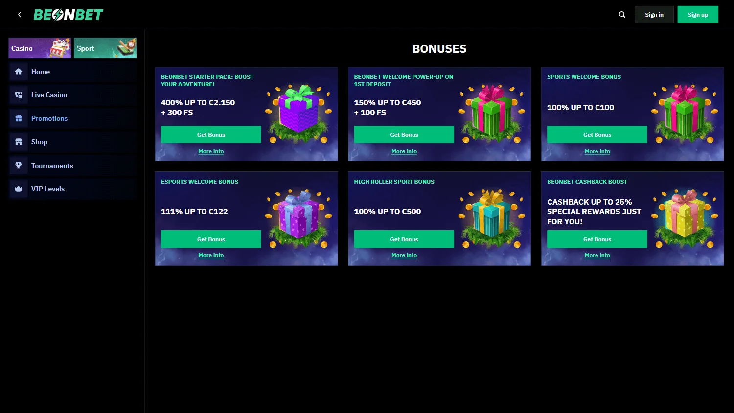 Beonbet Casino promotions area on desktop